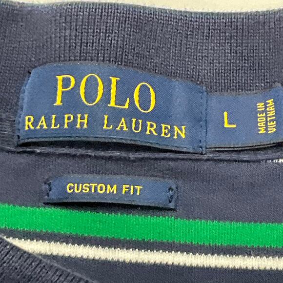 RALPH LAUREN POLO Custom Fit Polo Shirt Navy Blue Green Stripe sz Large Preppy - Picture 7 of 7